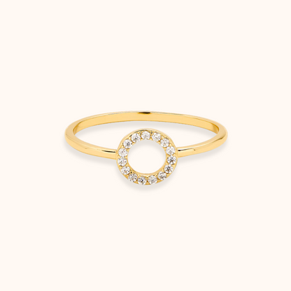 Delicate pave diamond circle ring in yellow gold